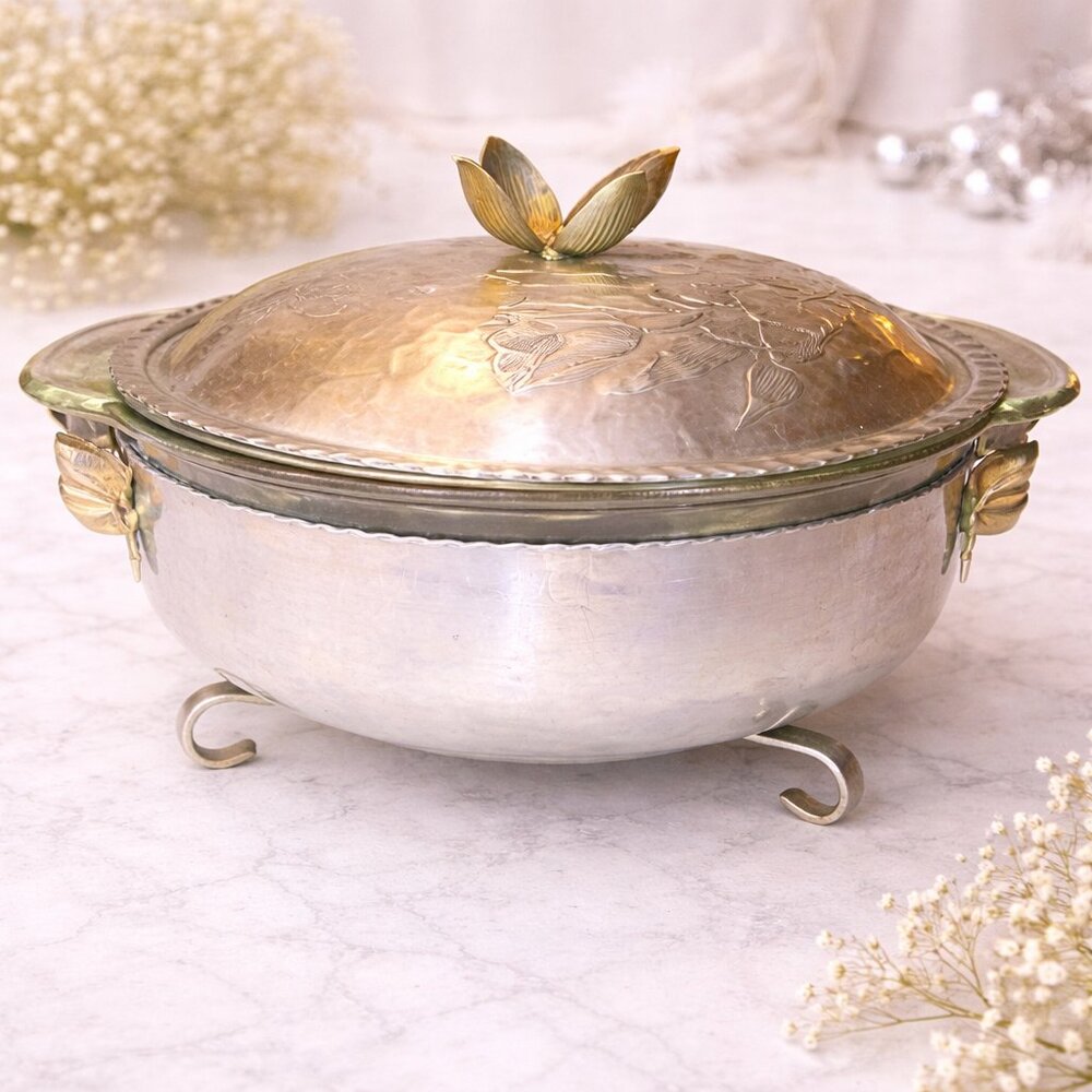 Vintage Fire King Hammered Aluminum Covered Divided Casserole Dish
